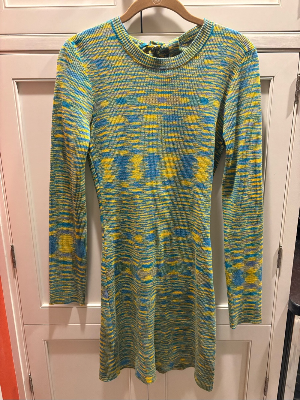 Cotton Candy Blue and Yellow Long-Sleeve Knit Shift Dress